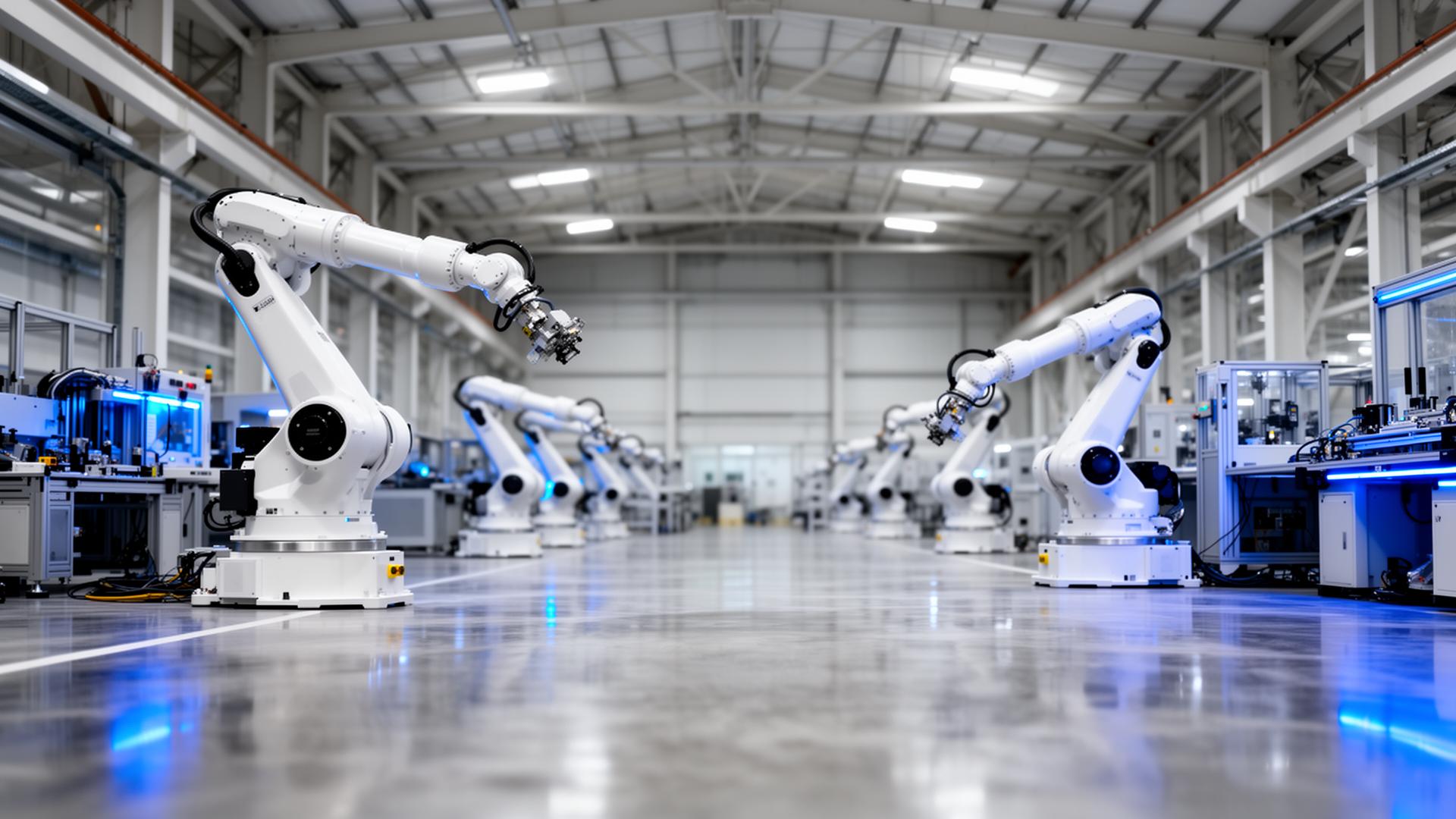 Modern smart factory floor with robotic assembly cells